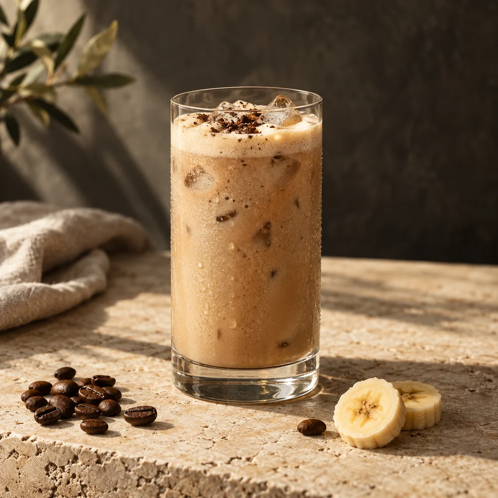 Cremiger Espresso-Bananen-Shake mit Eis und Kaffeebohnen auf Naturstein