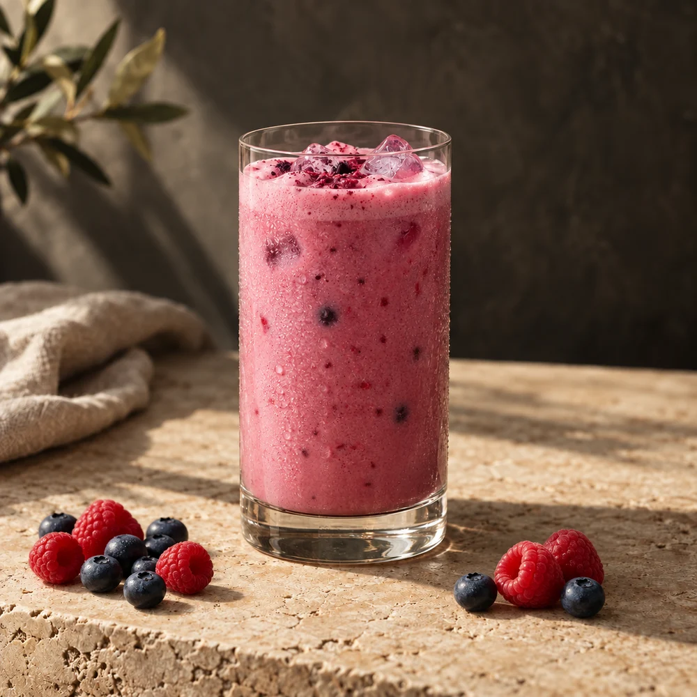 Beerenshake mit Himbeeren, Blaubeeren und Brombeeren im warmen Sonnenlicht
