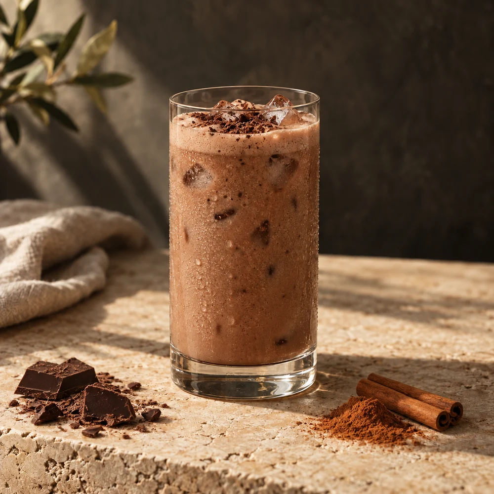 Schokoladen-Shake mit Kakao und Zimt auf hellem Naturstein
