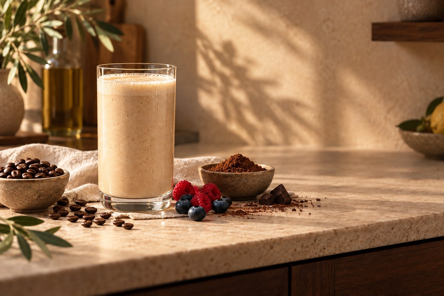 Cremiger Shake mit Espresso, Beeren und Kakao in einer mediterranen Küche