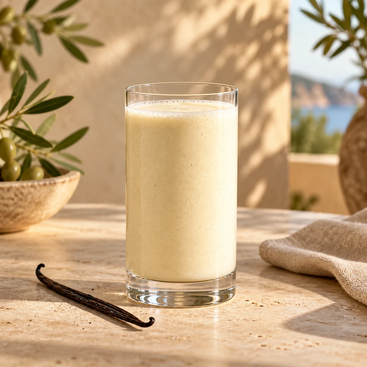 Vanille-Shake im mittig platzierten Glas auf einer sonnigen mediterranen Terrasse